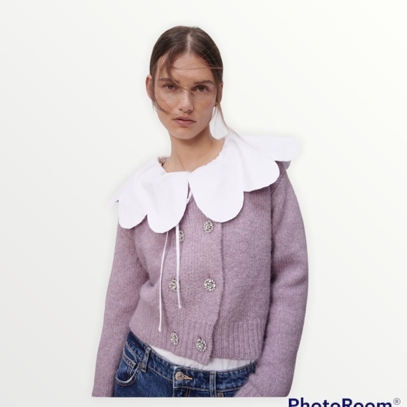ZARA Lilac Lavender Rhinestone Button Front Sweater, Size Medium - Picture 4 of 10